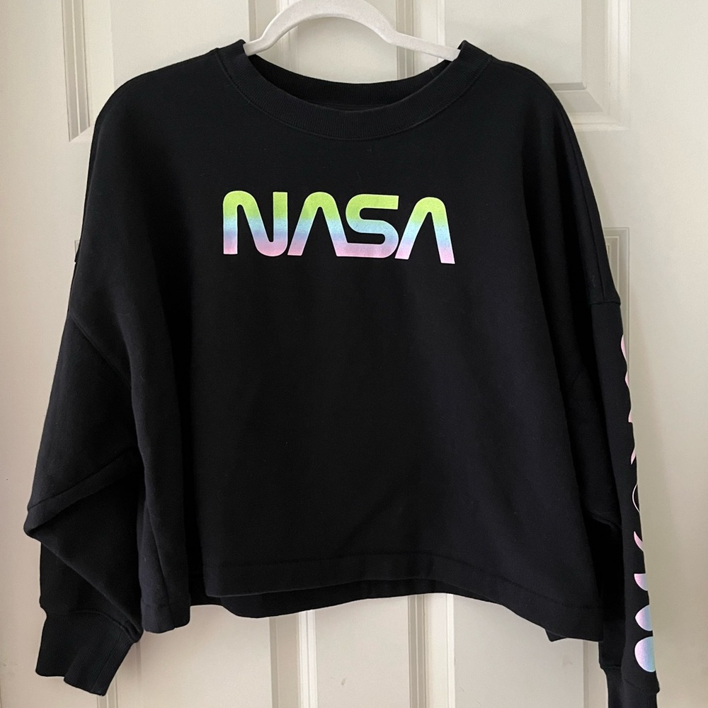 Hyper Space NASA Black Cropped Crew Sweatshirt Rainbow MTV Astronaut XL